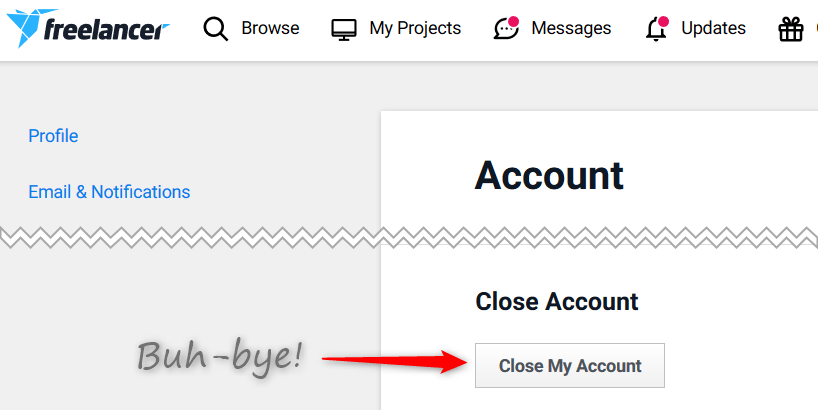 The button for how to close freelancer.com account
